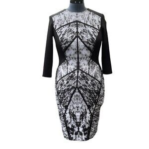LONDON TIMES Bodycon Dress Size 6 Black Grey Abstract White Knee Lgth 3/4 Sleeve